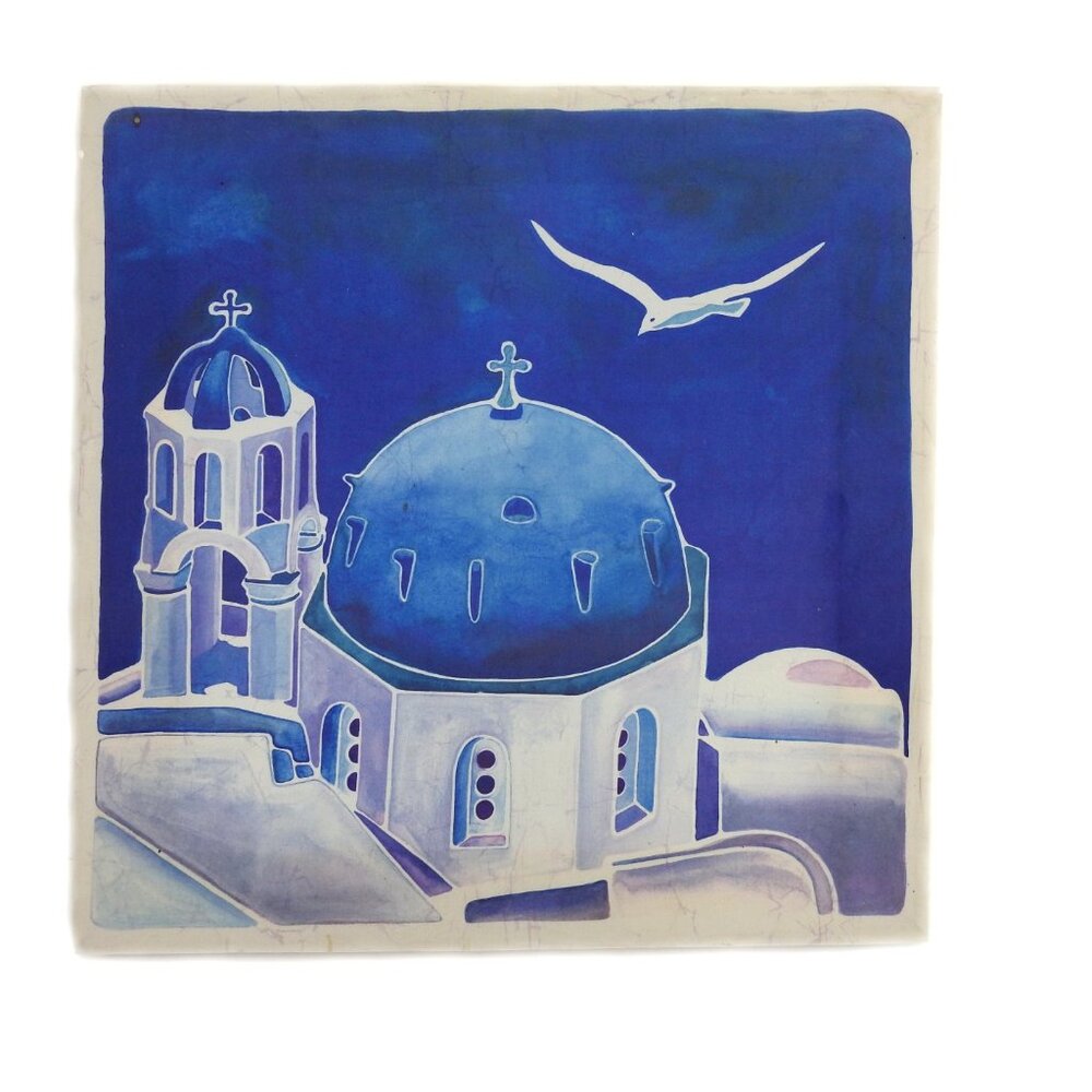 Hand Painted Greek Batik Stretched Mediterranean Wall Decor Blue Santorini Oia